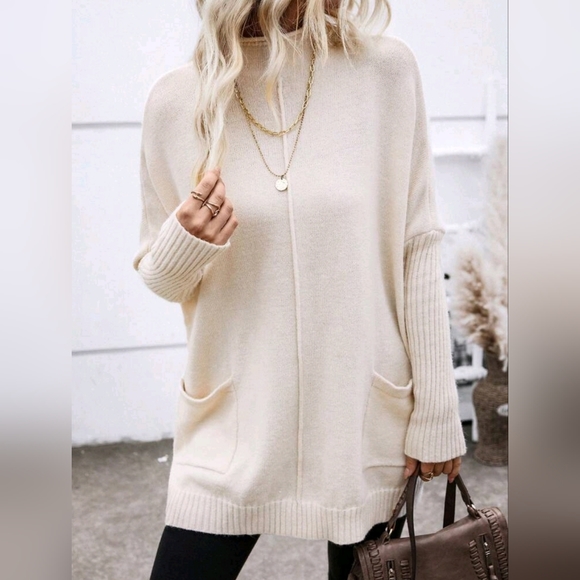 New Chic Oversized Knit Mock Neck Tunic Sweater Ivory Cream Beige - Picture 4 of 8